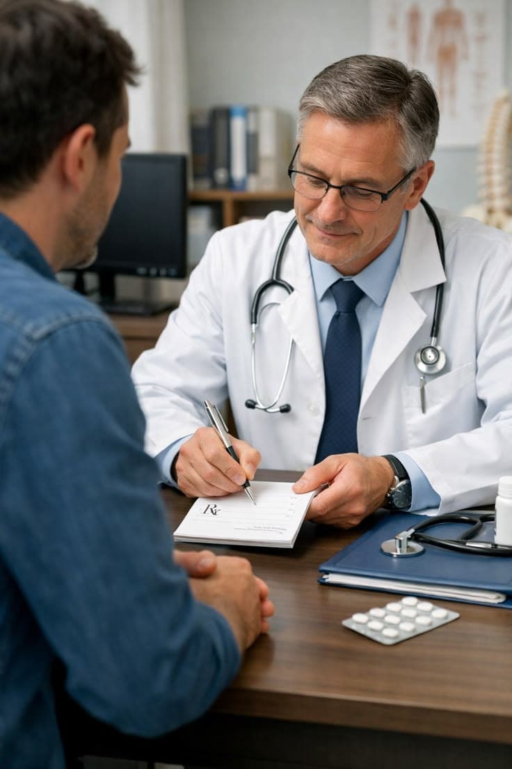 Doctor consulting with patient writing prescription
